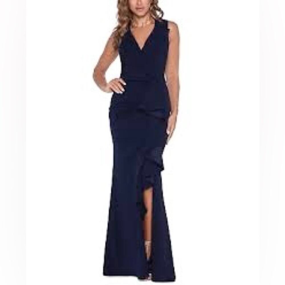 NWT $249 Betsy & Adam 2 V-Neck Ruffle High-Low Dress Evening Gown
